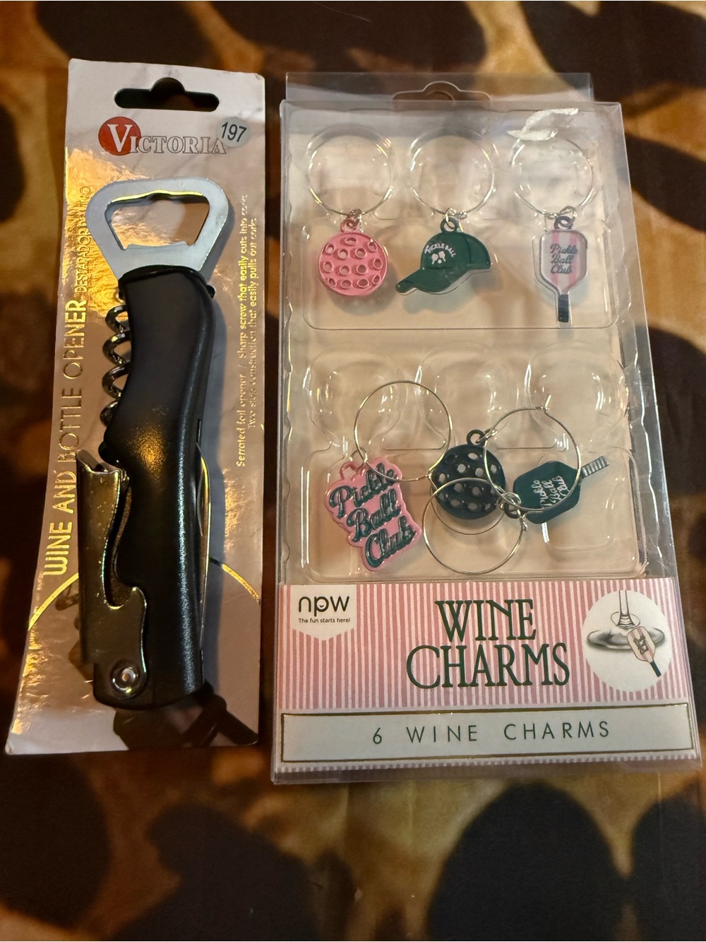 Black Wine Bottle Opener with PickleBall Wine Charms Set